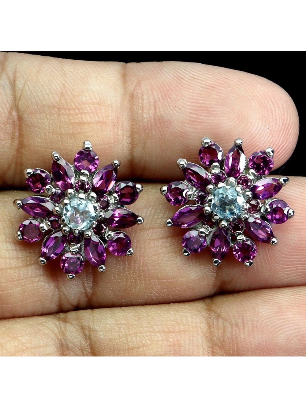 STUNNING! Natural Pink Garnet and Aquamarine Earrings 925 Sterling Silver